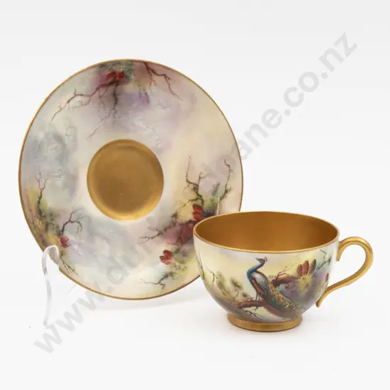 C1921 Royal Worcester Cup & Saucer Hand Painted with Peacock Signed J Flaxman