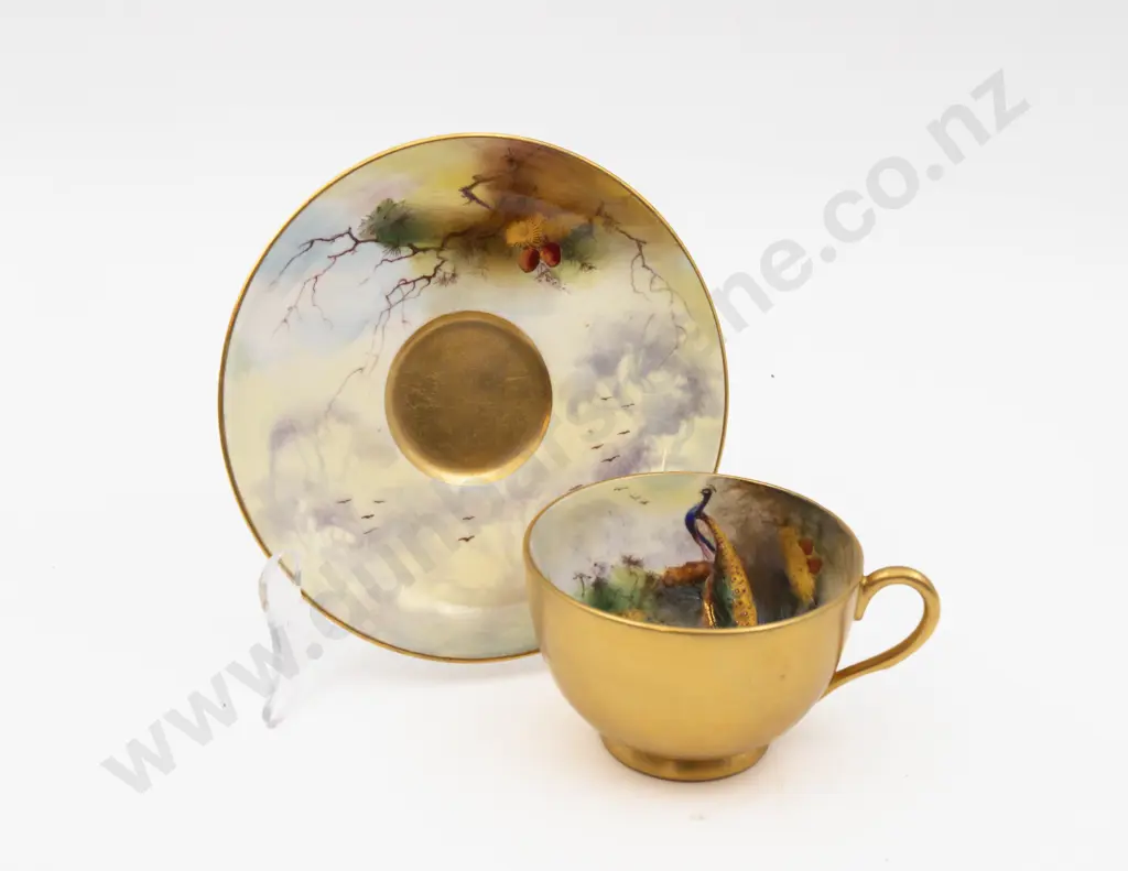 C1928 Royal Worcester Cup & Saucer Hand Painted with Peacock Signed R Austin Image 1++