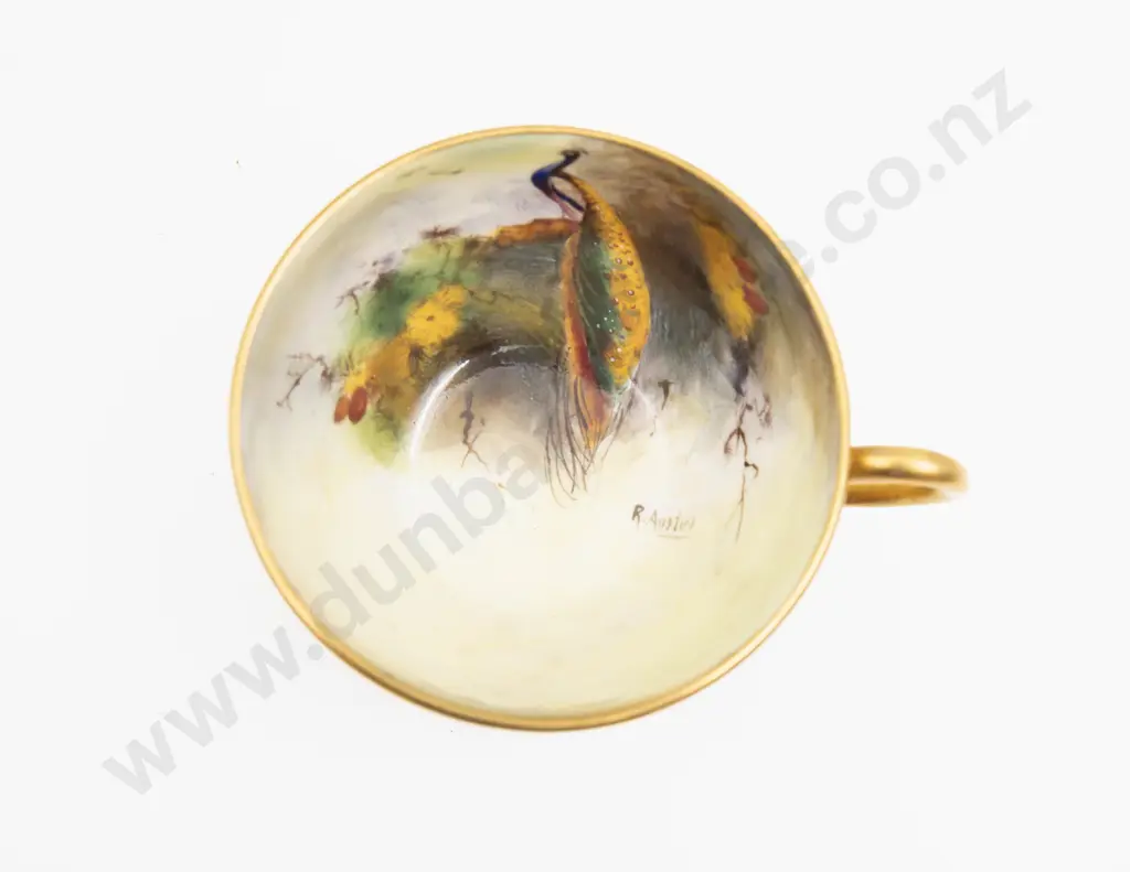 C1928 Royal Worcester Cup & Saucer Hand Painted with Peacock Signed R Austin Image 1++