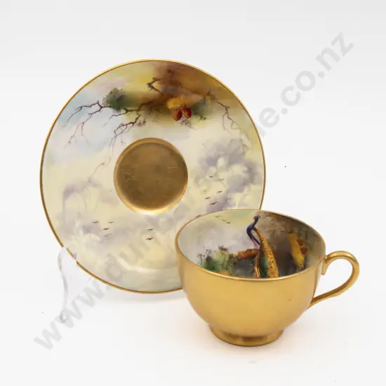 C1928 Royal Worcester Cup & Saucer Hand Painted with Peacock Signed R Austin