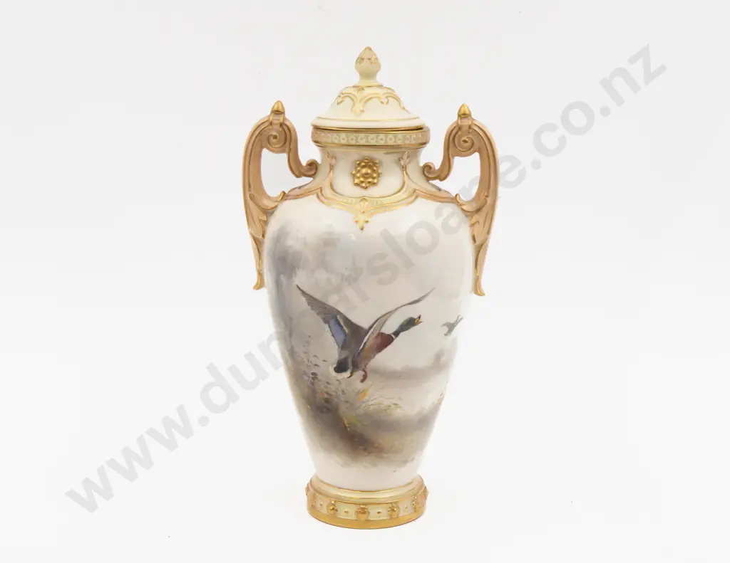 C1892 Royal Worcester Covered Urn Hand Painted with Ducks in Flight Signed Jas Stinton 28cm H Image 1++