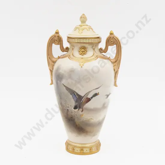 C1892 Royal Worcester Covered Urn Hand Painted with Ducks in Flight Signed Jas Stinton 28cm H