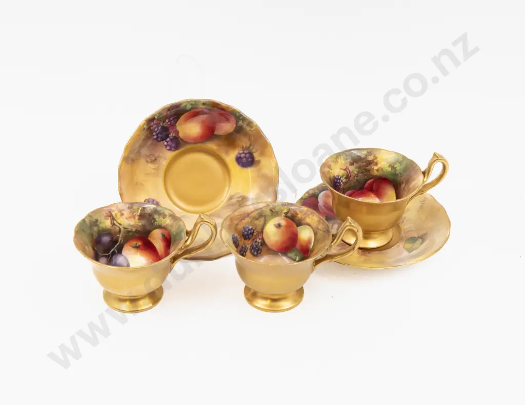 C1930 Royal Worcester Three Demitasse & Two Saucers Signed Variously 6cm H Overall Image 1++