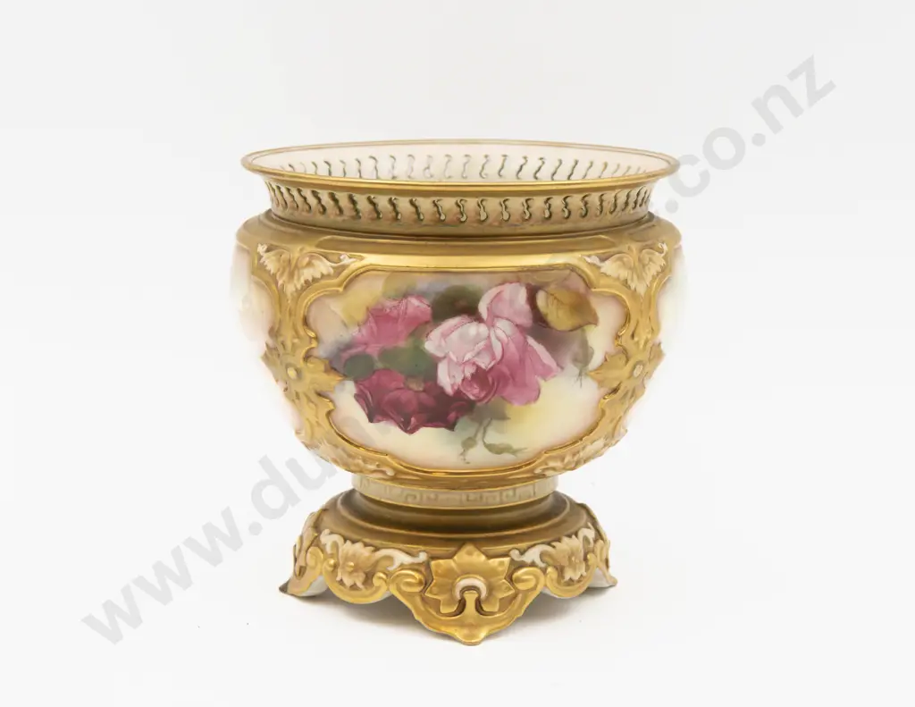 C1919 Royal Worcester Footed Jarrdiniere Hand Painted with Roses Signed K Blake 18cm H Image 1++