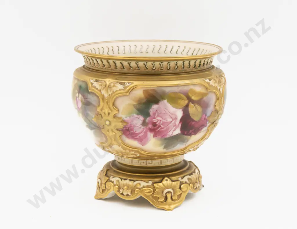 C1919 Royal Worcester Footed Jarrdiniere Hand Painted with Roses Signed K Blake 18cm H Image 1++