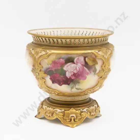 C1919 Royal Worcester Footed Jarrdiniere Hand Painted with Roses Signed K Blake 18cm H