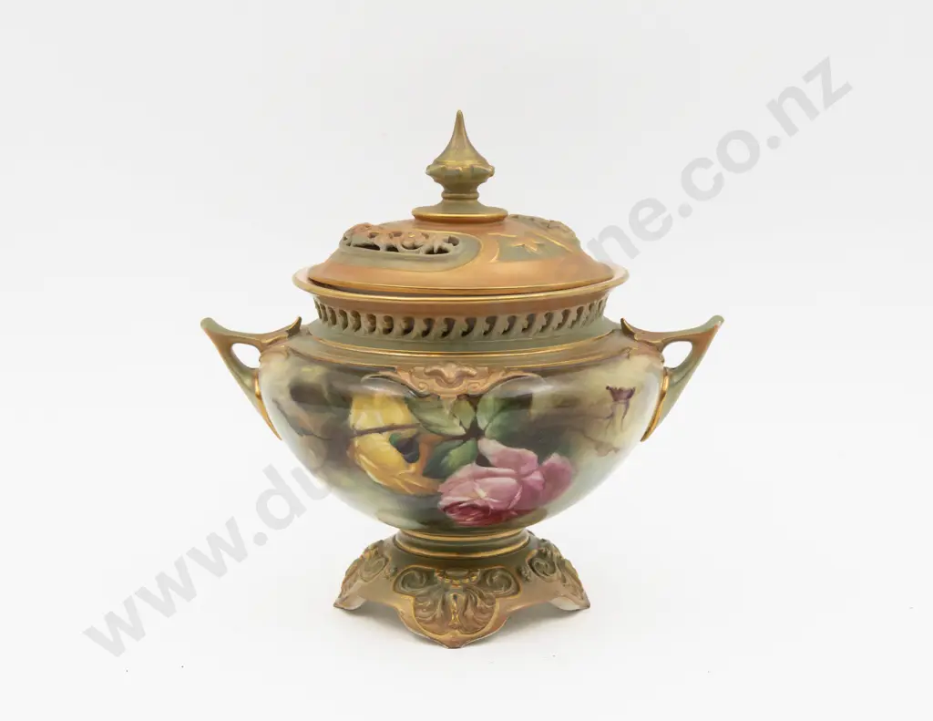 C1893 Royal Worcester Covered Urn Hand Painted with Roses 18.5cm H Image 1++
