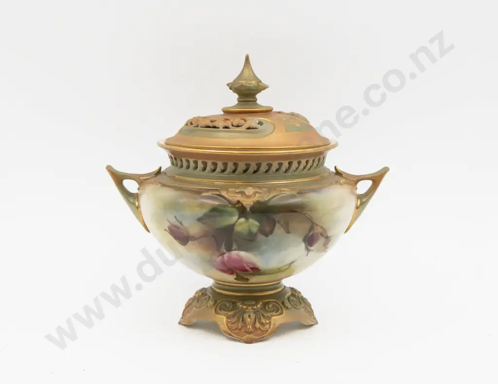 C1893 Royal Worcester Covered Urn Hand Painted with Roses 18.5cm H Image 1++