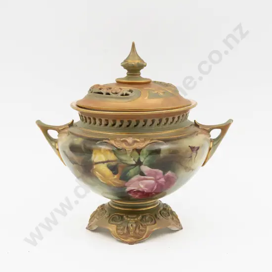 C1893 Royal Worcester Covered Urn Hand Painted with Roses 18.5cm H