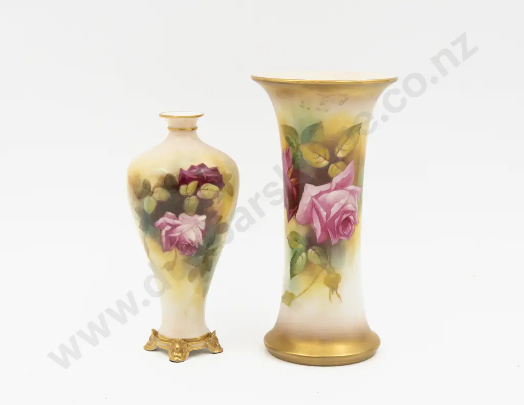 C1922 & C1932 Royal Worcester Vases Hand Painted with Roses 17cm H & 19cm H Image 1++