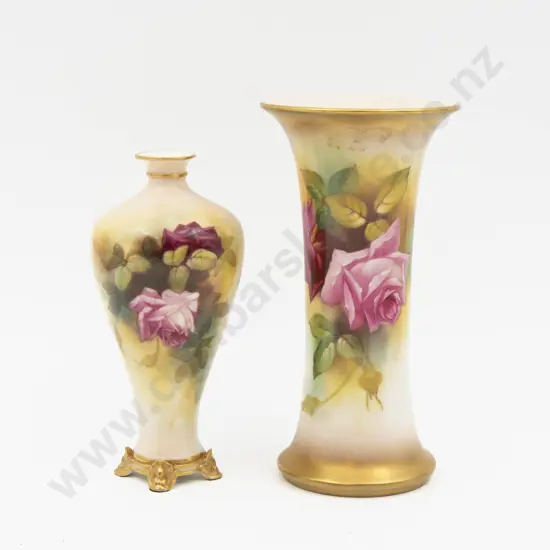 C1922 & C1932 Royal Worcester Vases Hand Painted with Roses 17cm H & 19cm H