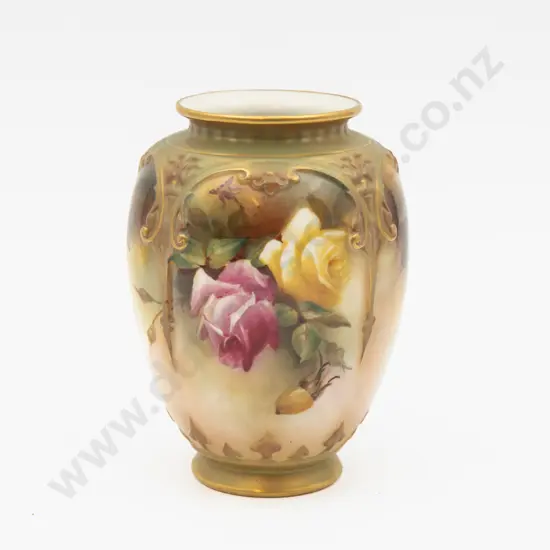 C1896 Royal Worcester Vase Hand Painted with Roses Unsigned 15cm H