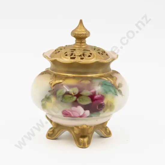 C1900 Royal Worcester Pot & Cover Hand Painted with Roses Unsigned 11.5cm H