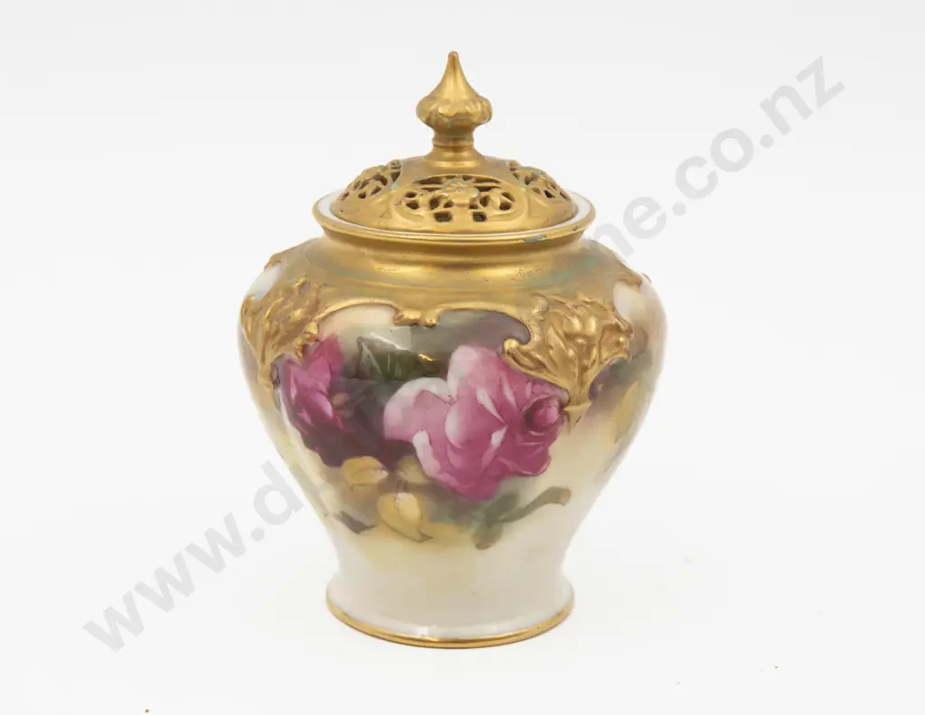 C1923 Royal Worcester Pot & Cover Hand Painted with Roses Unsigned 13cm H Image 1++