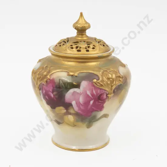 C1923 Royal Worcester Pot & Cover Hand Painted with Roses Unsigned 13cm H
