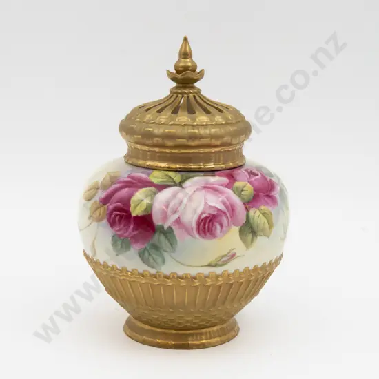 C1955 Royal Worcester Pot Pourri Vase Hand Painted with Rose Signed K H Price 21cm H