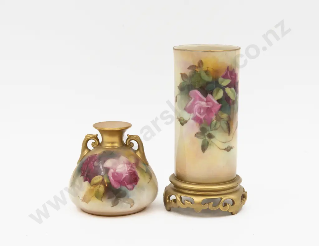 C1918 & C1925 Royal Worcester Vases Hand Painted with Roses 16cm H & 9cm H Image 1++