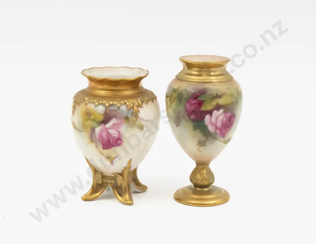 C1919 & C1926 Royal Worcester Vases Hand Painted with Roses 10.5cm H & 9.5cm H Image 1++