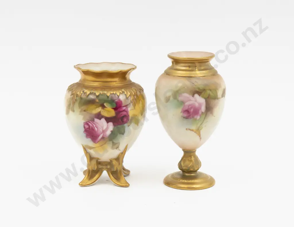 C1919 & C1926 Royal Worcester Vases Hand Painted with Roses 10.5cm H & 9.5cm H Image 1++