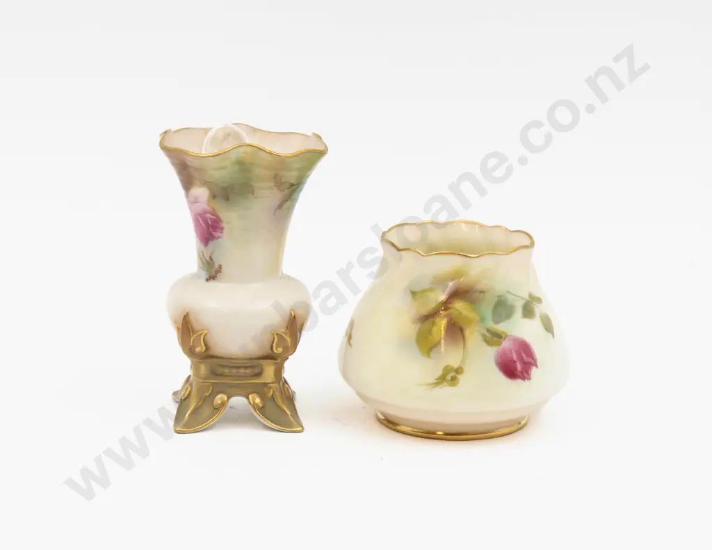 C1899 & C1919 Royal Worcester Vases Hand Painted with Roses 10cm H & 7cm H Image 1++