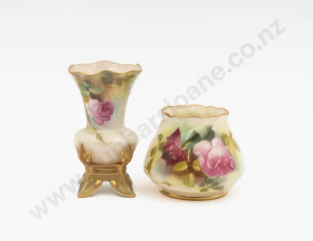 C1899 & C1919 Royal Worcester Vases Hand Painted with Roses 10cm H & 7cm H Image 1++