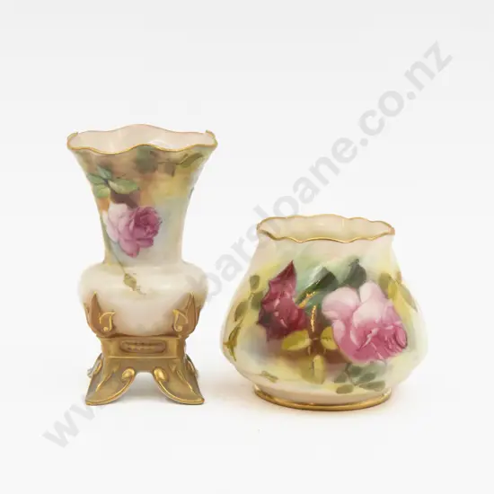 C1899 & C1919 Royal Worcester Vases Hand Painted with Roses 10cm H & 7cm H