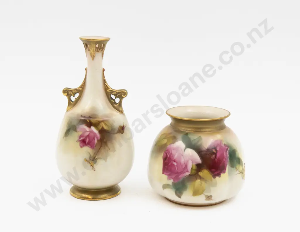 C1904 & C1919 Royal Worcester Vases Hand Painted with Roses 15cm H & 8cm H Image 1++