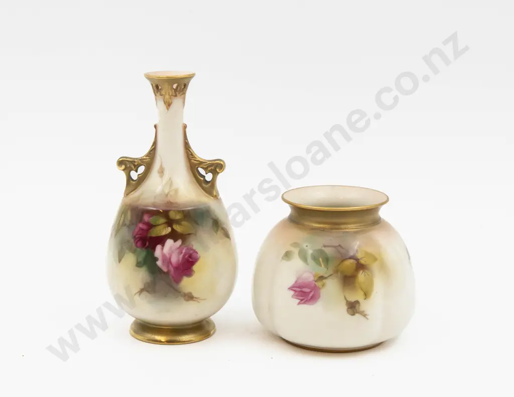 C1904 & C1919 Royal Worcester Vases Hand Painted with Roses 15cm H & 8cm H Image 1++