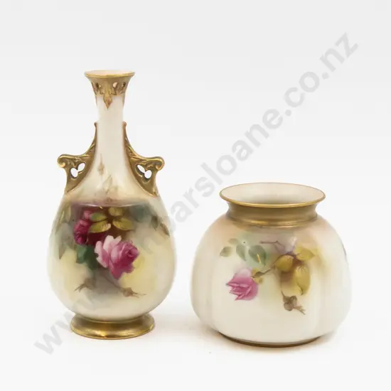 C1904 & C1919 Royal Worcester Vases Hand Painted with Roses 15cm H & 8cm H