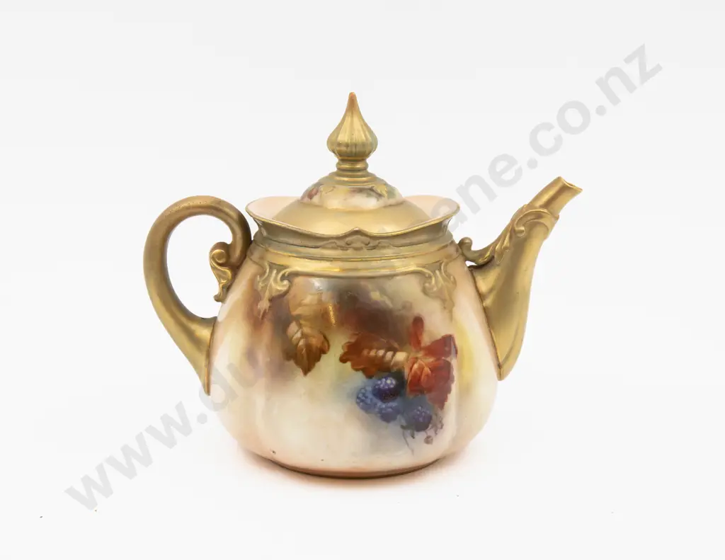 C1895 Royal Worcester Small Teapot Hand Painted with Fruits 15cm H Image 1++