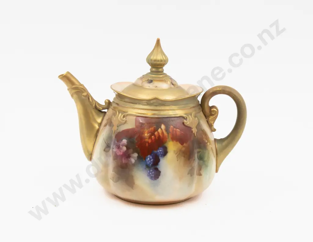 C1895 Royal Worcester Small Teapot Hand Painted with Fruits 15cm H Image 1++