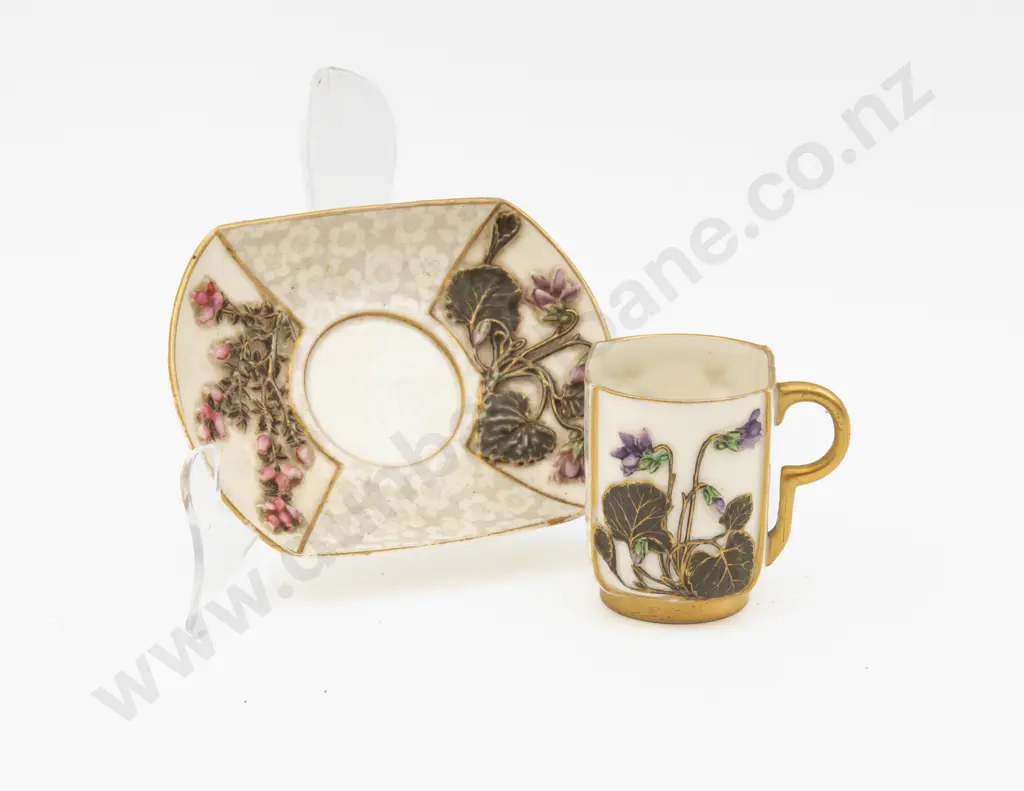 C1884 Royal Worcester Demi Tasse Coffee Cup & Saucer Relief Decoration 7cm H Image 1++