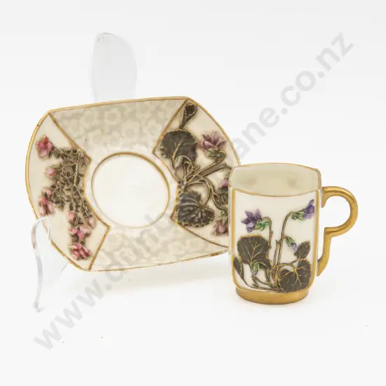 C1884 Royal Worcester Demi Tasse Coffee Cup & Saucer Relief Decoration 7cm H