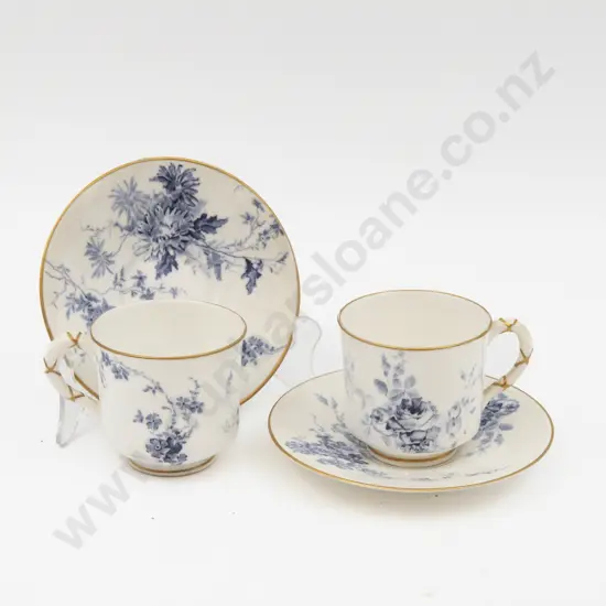 Two C1894 Royal Worcester Demi Tasse Coffee Cups & Saucers Hand Painted With Florals 6.5cm H