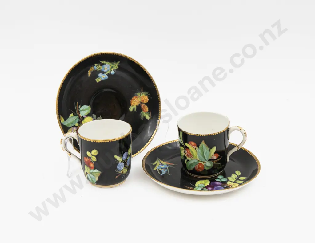 Two C1878 Royal Worcester Demi Tasse Coffee Cups & Saucers Hand Painted With Florals 7cm H Image 1++