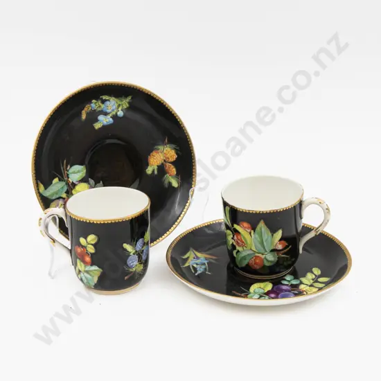 Two C1878 Royal Worcester Demi Tasse Coffee Cups & Saucers Hand Painted With Florals 7cm H