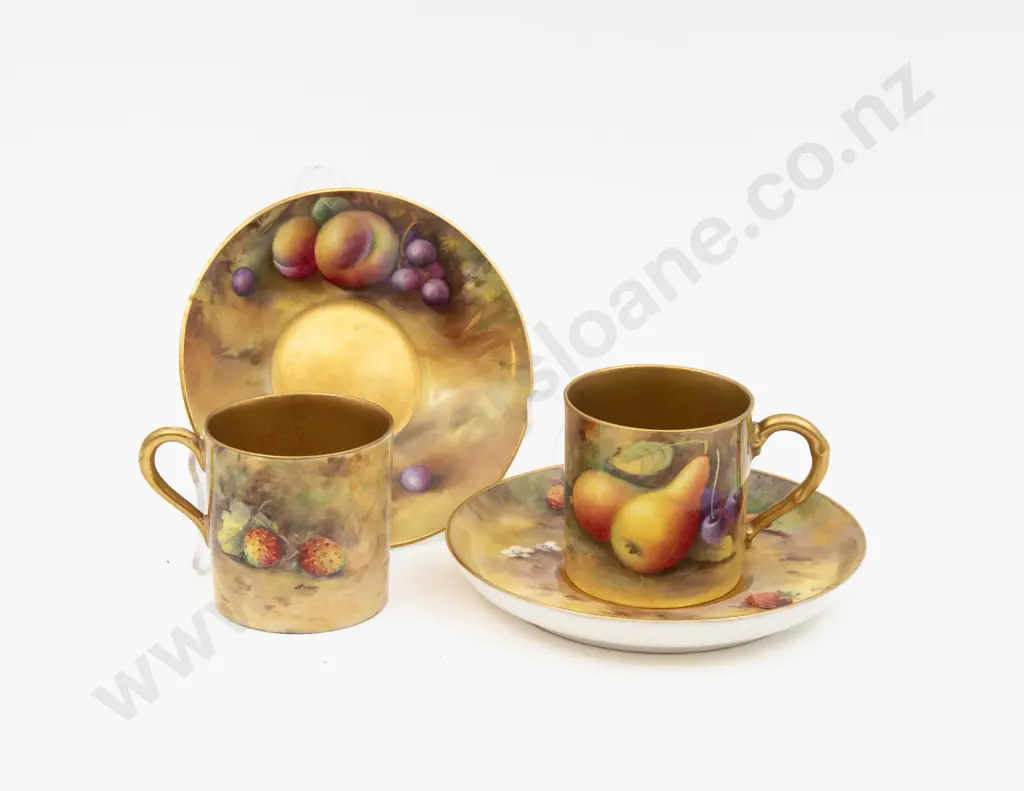 C1920's Royal Worcester Two Demi Tasse Coffee Cups & Saucers Variously Signed 5.5cm H Image 1++