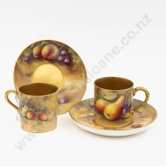 C1920's Royal Worcester Two Demi Tasse Coffee Cups & Saucers Variously Signed 5.5cm H