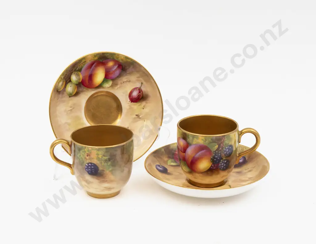 C1936 two Royal Worcester Demi Tasse Tea Cups & Saucers Hand Painted With Fruits 6cm H Image 1++