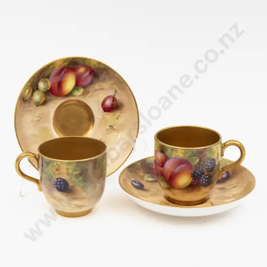 C1936 two Royal Worcester Demi Tasse Tea Cups & Saucers Hand Painted With Fruits 6cm H