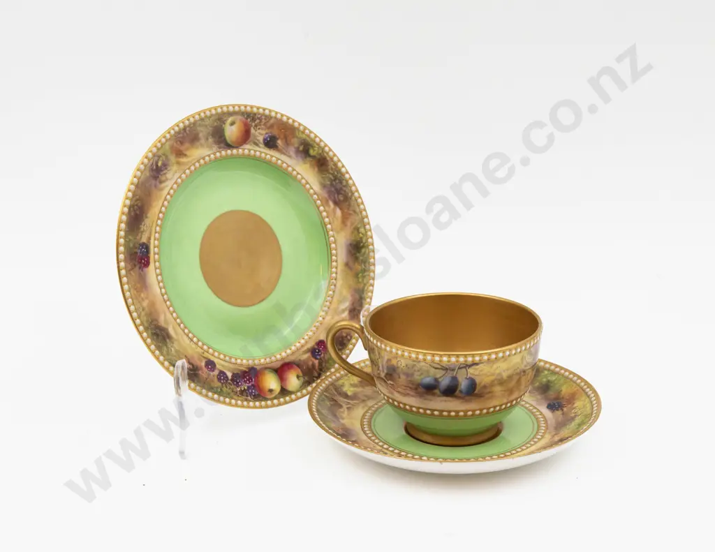 C1923 Royal Worcester Teacup Saucer & Plate Hand Painted With Fruits Signed R Rushton Image 1++