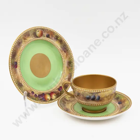 C1923 Royal Worcester Teacup Saucer & Plate Hand Painted With Fruits Signed R Rushton