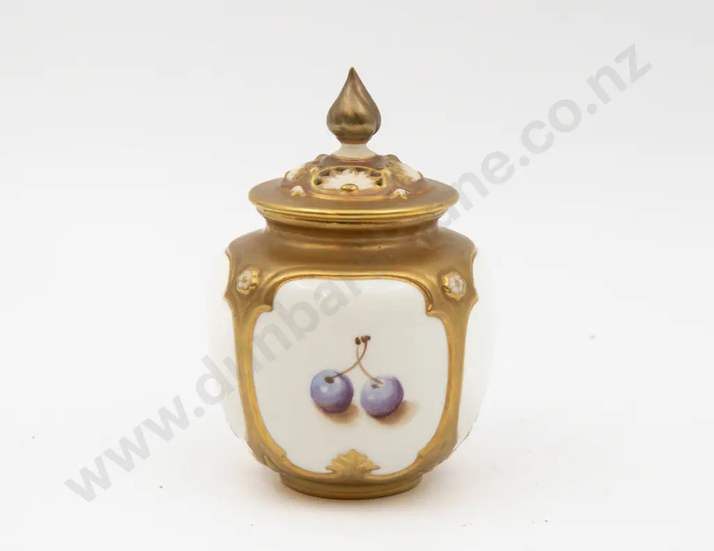 Post 1975 Royal Worcester Lidded Pot Hand Painted with Fruits Signed F Roberts 13cm H Image 1++