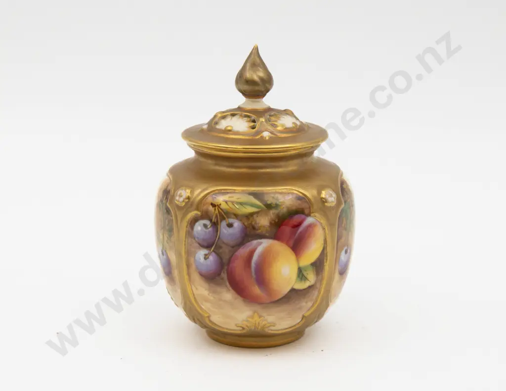 Post 1975 Royal Worcester Lidded Pot Hand Painted with Fruits Signed F Roberts 13cm H Image 1++