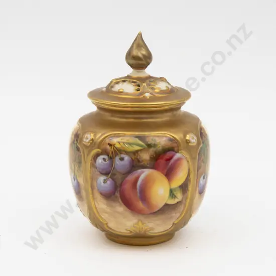 Post 1975 Royal Worcester Lidded Pot Hand Painted with Fruits Signed F Roberts 13cm H