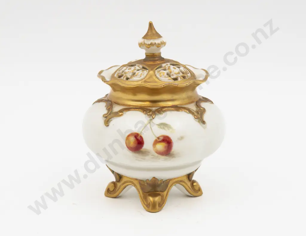 C1950 Royal Worcester Pot & Cover Hand Painted with Fruits Signed H Ayrton 11.5cm H Image 1++