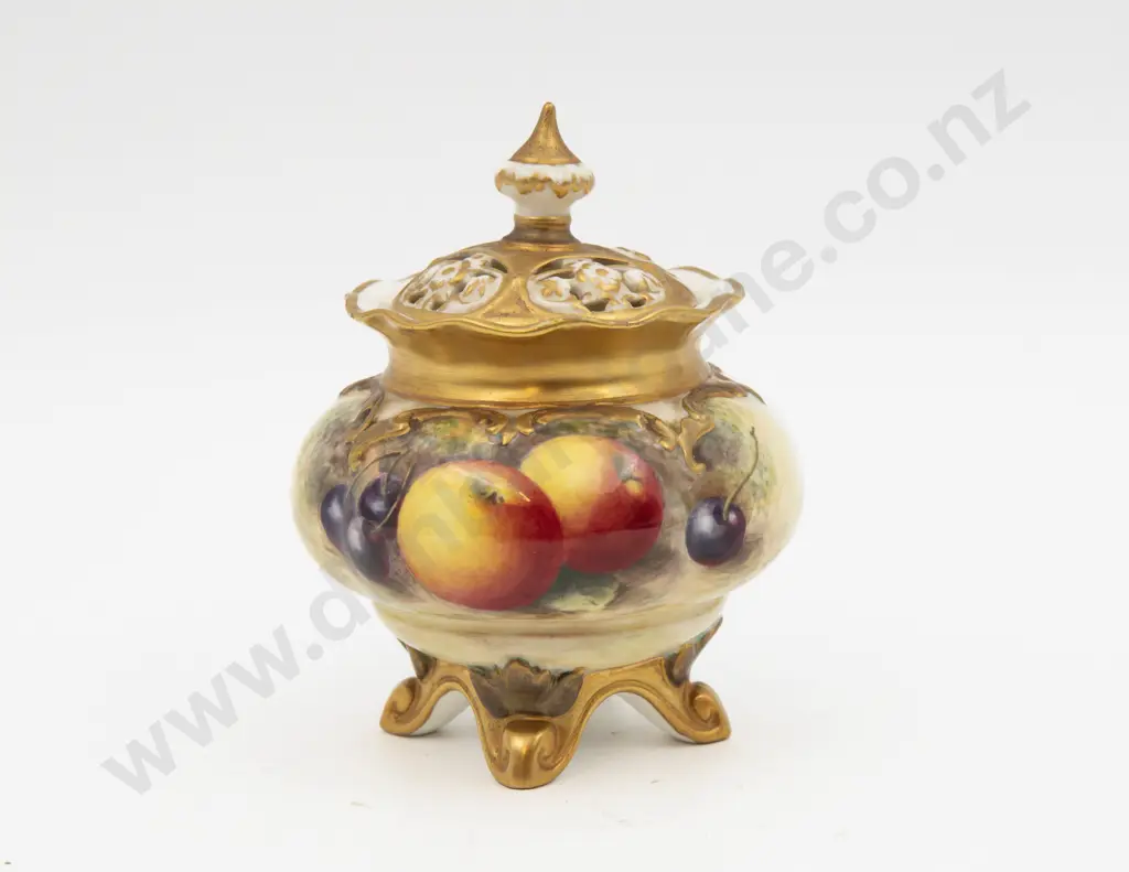 C1950 Royal Worcester Pot & Cover Hand Painted with Fruits Signed H Ayrton 11.5cm H Image 1++