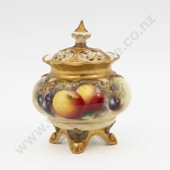 C1950 Royal Worcester Pot & Cover Hand Painted with Fruits Signed H Ayrton 11.5cm H