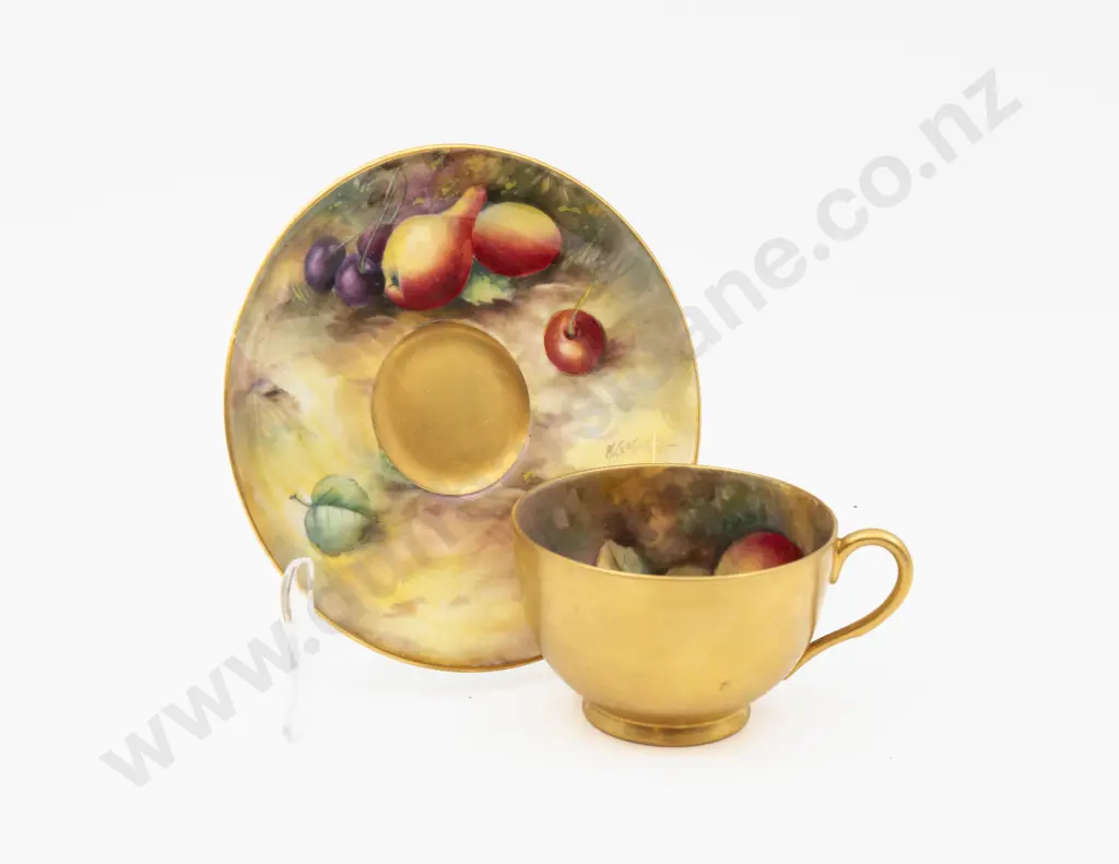 C1928 Royal Worcester Teacup & Saucer Hand Painted with Fruits Signed H G Moseley Image 1++