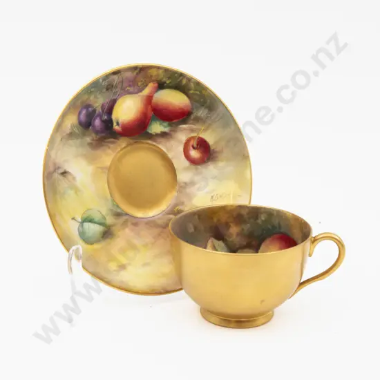 C1928 Royal Worcester Teacup & Saucer Hand Painted with Fruits Signed H G Moseley